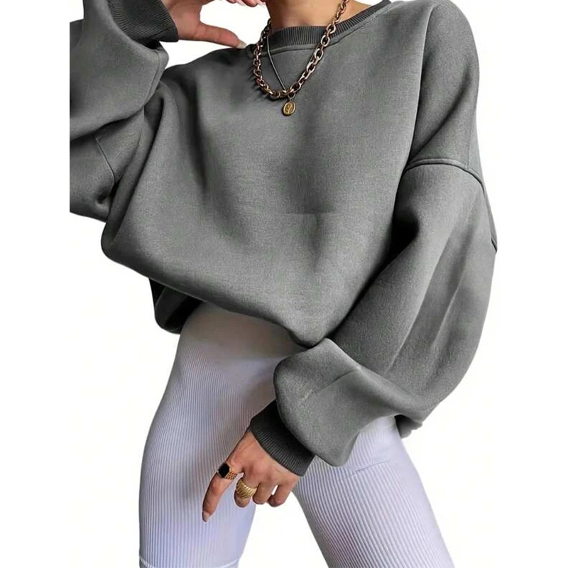 2024 Fall women clothes custom logo organic cotton sweatshirts for women pullover crewneck french terry grey sweatshirt