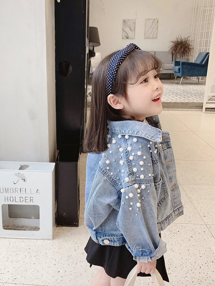 Wholesale Girls Lapel Denim Jacket Spring Autumn Pearl Decorative Children Denim Top Coat Jacket Kids Denim Jacket