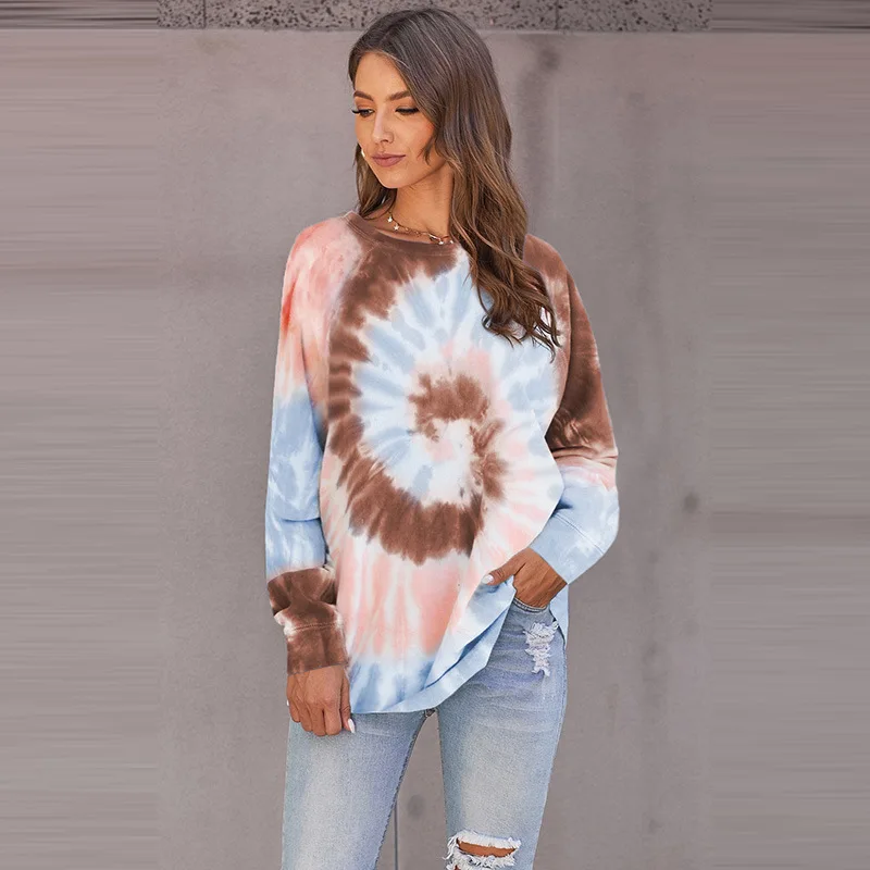 High Quality Long Sleeve Women Hoodie Spring Casual Irregular Round Neck Blouse Womens Tie Dye Sweatshirt