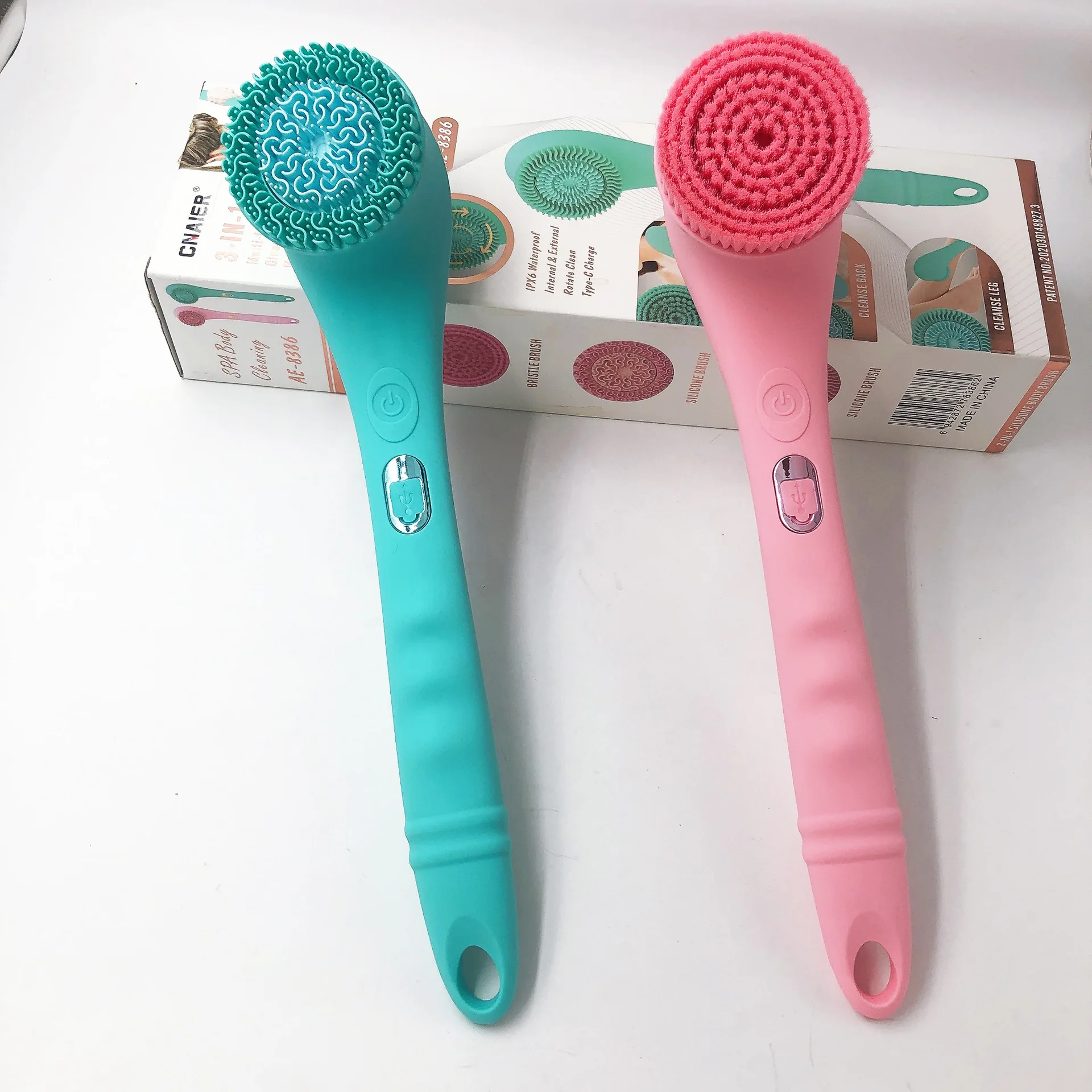 New Exfoliate Bristle Brush Body Mssage  with Long Handel Waterproof Body Scrubber USB Rechargeable Silicone Body Bath Brush