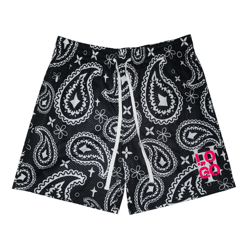 Loose Summer Sports Pocket Custom Logo All Over Full Sublimation Pattern Polyester Paisley Print Mesh Shorts for Men