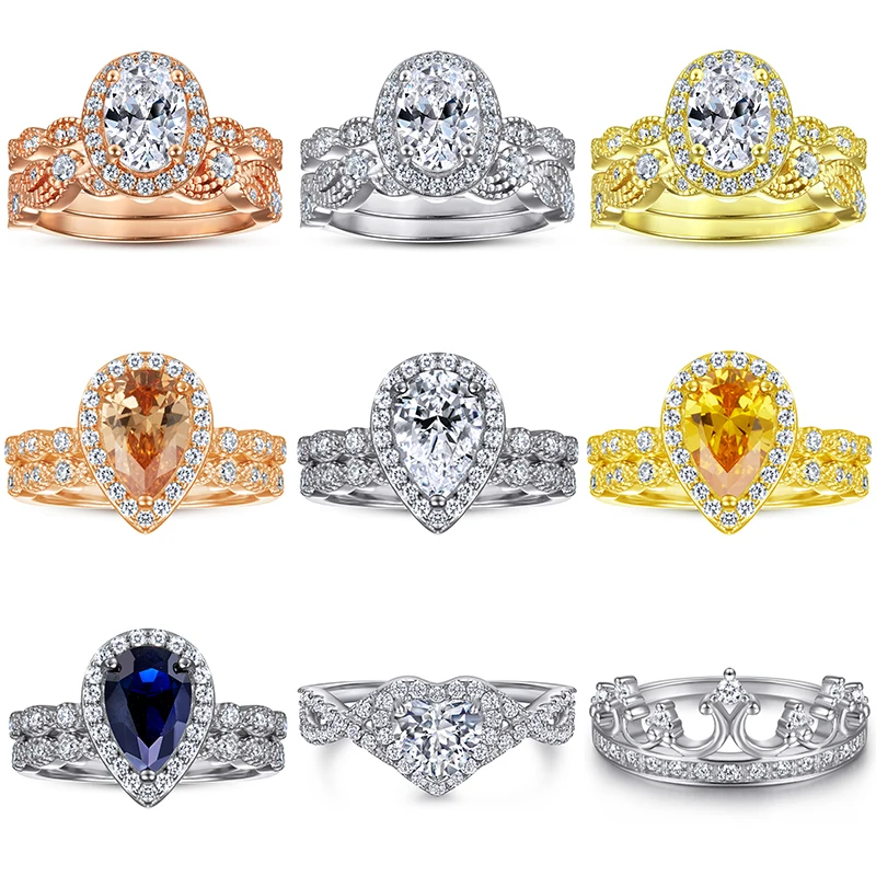 18K Gold Plated Rings Wholesale Simple Fine Jewelry Engagement & Wedding S925 Sterling Silver Ring Sets For Women Jewelry