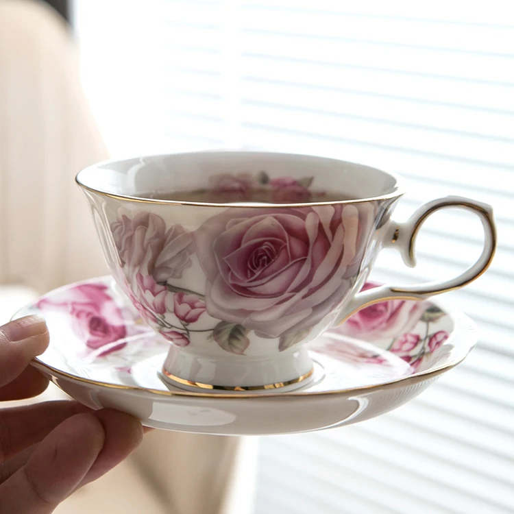 Premium quality elegant luxury pink rose floral gold rimmed espresso coffee tea cup set porcelain ceramic cups with saucer