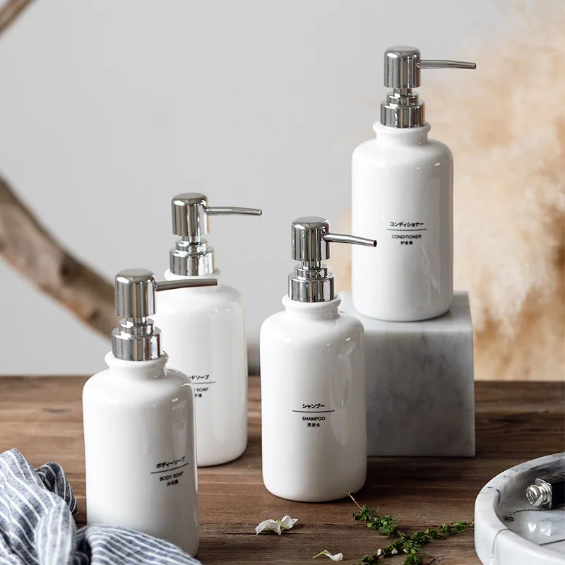 Wholesale empty  410ml cosmetic porcelain ceramic bottle white opal glass lotion bottle with aluminum pump