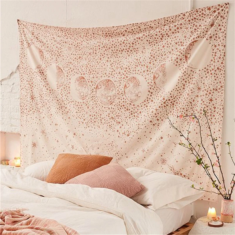 Pink Moon Tapestry Wall Hanging Galaxy Night Sky Psychedelic Wall Tapestry Mandala Wall Cloth Decoration