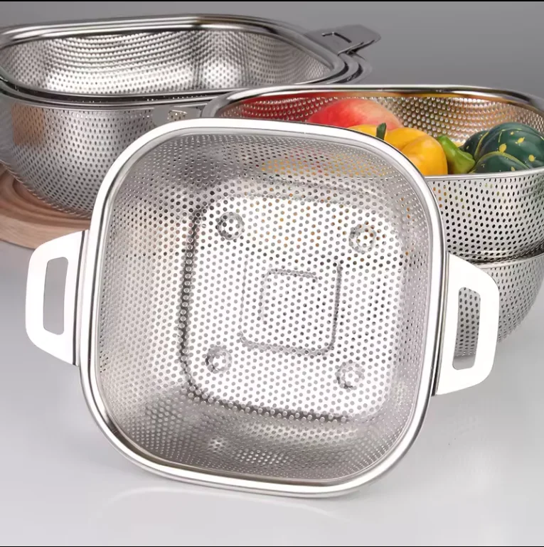 Factory wholesale custom square stainless steel rice sieve vegetable fruit mesh strainers bowl drainer basket kitchen colanders