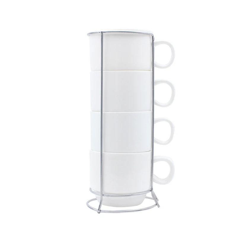 Stone Ceramic 4pcs/set Sublimation Coffee Cup White Porcelain Tea Cup with Metal Frame