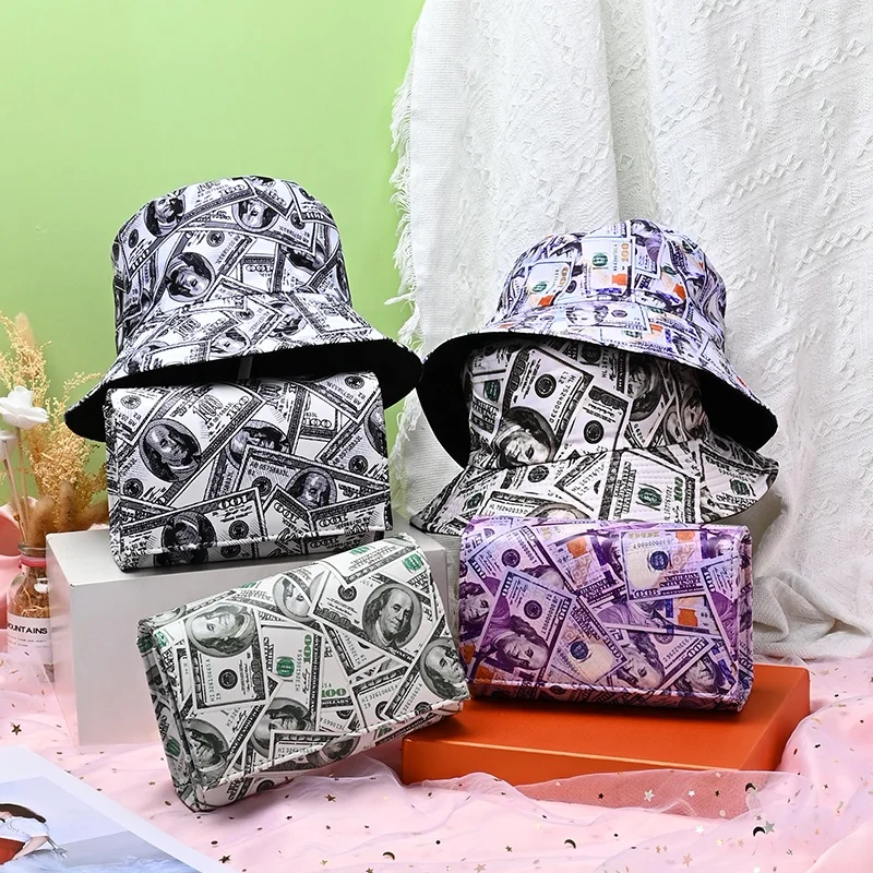 Wholesale Fashion Dollar Printed Bucket Hats Matching Clutch Bags Sets Designer Hats and Purses Handbags Set for Women