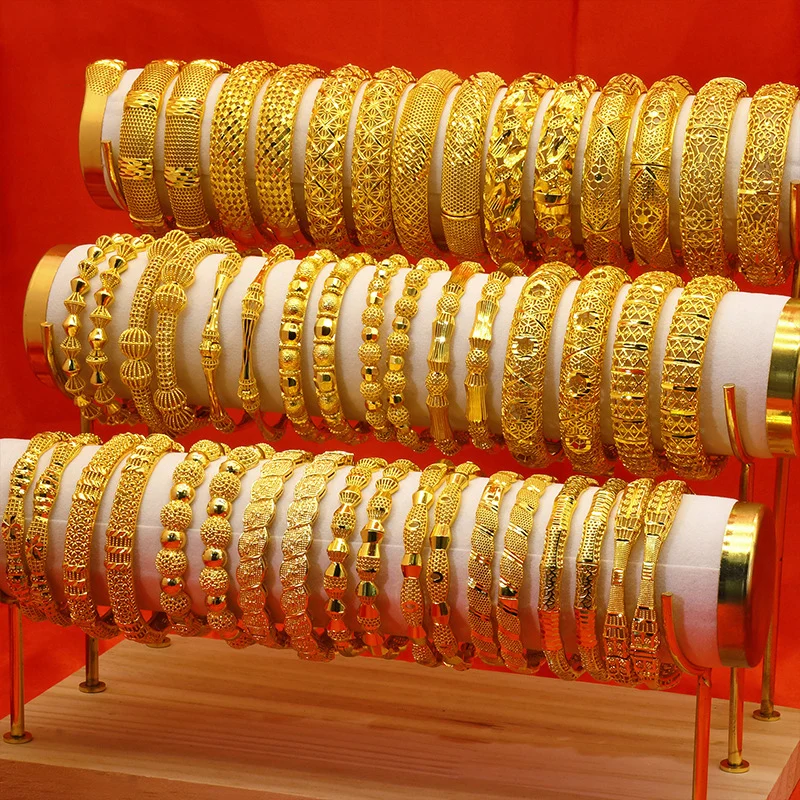 Wholesale Shiny Gold Plated Jewelry Bangles Findings Copper Brass Bridal Geometric Hollow Bracelets For Women