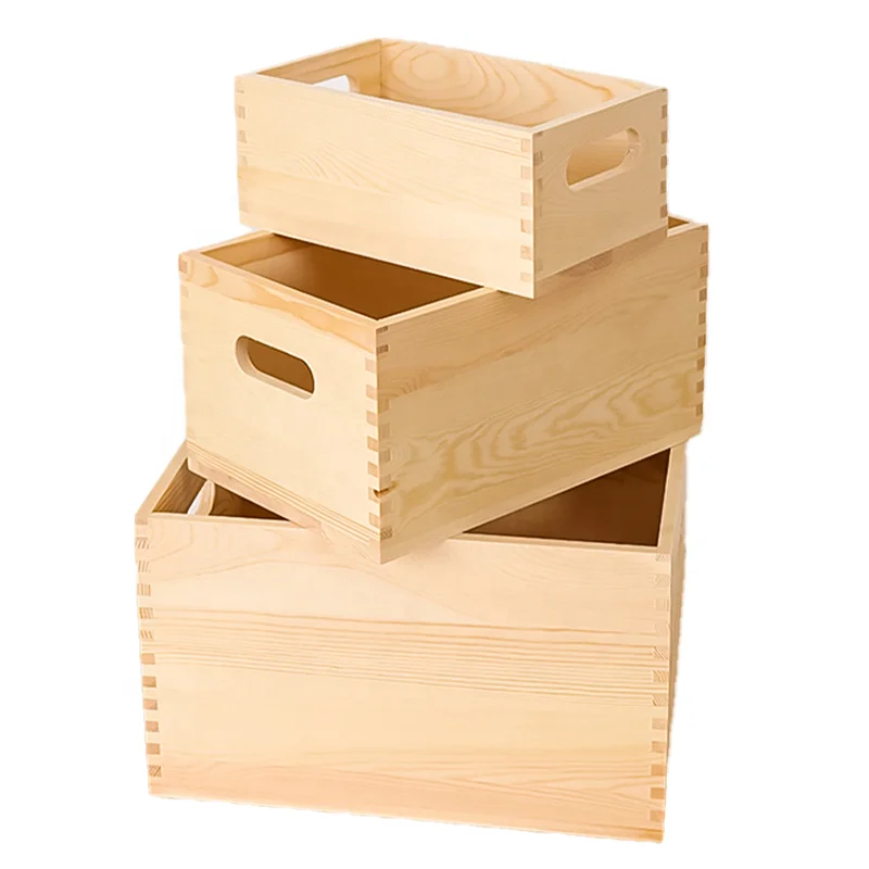 Custom Solid Wood Storage Box Unfinished Toy Wooden Vegetables Crate Set Book Organizer for Home