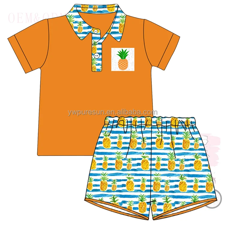 Summer smocked pineapple embroidery knitted polo shirt  designs lined shorts set children wear toddler boys clothing