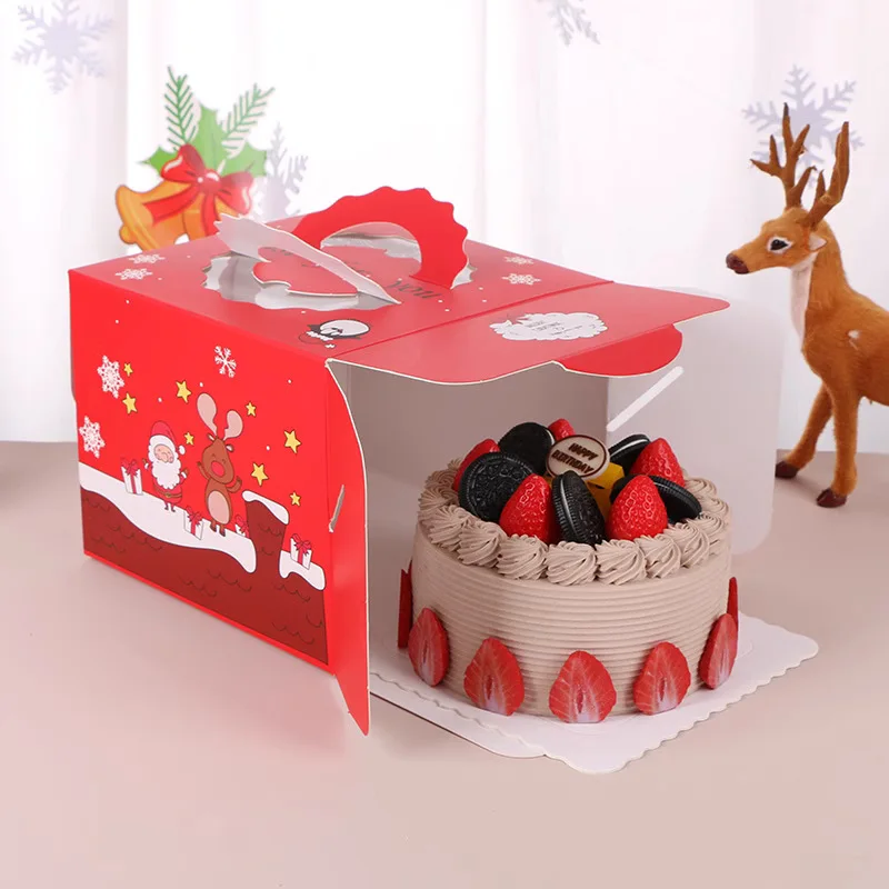 In stock 4/6/8 inches portable Christmas red cake paper folding carry box with paper tray and handle