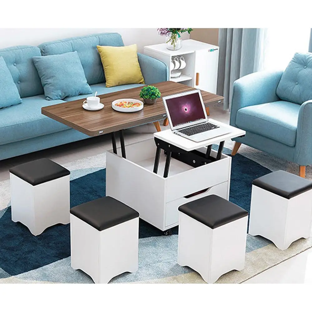 wooden material adjustable dining table smart coffee table