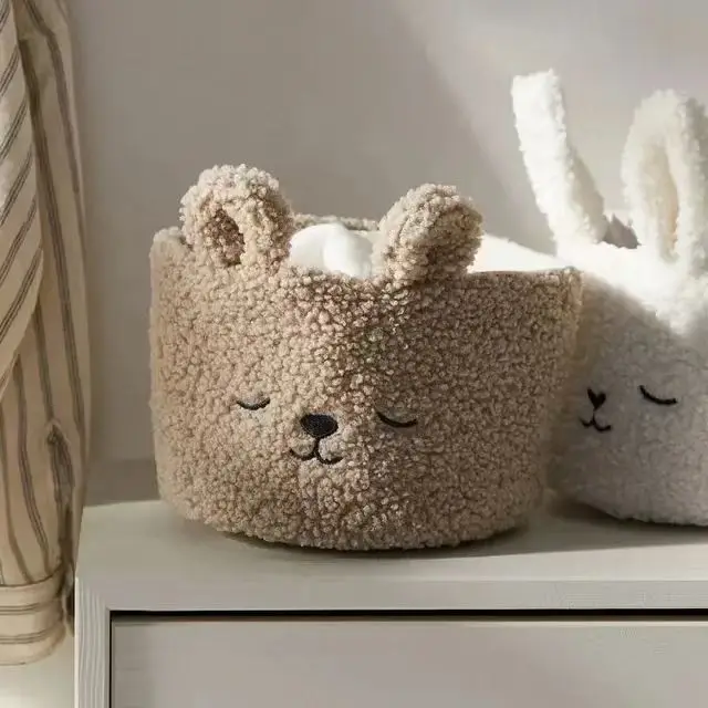 Оптовая продажа сумка для хранения игрушек из ткани Тедди нижнее белье вышивка декоративная круглая бархатная корзина с ручками