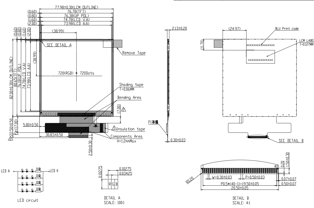 Smart glasses mipi interface TFT IPS square capacitive touch lcd  screen module 720x720 4inch lcd display with CTP/ RTP for Iot