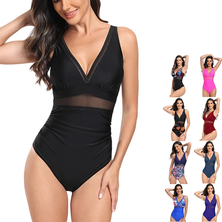 2024 New One-Piece Swim Suit Women Mesh Patchwork Bikini Swimwear Sports Wholesale Manufacturers Beachwear Jumpsuit Swimsuit