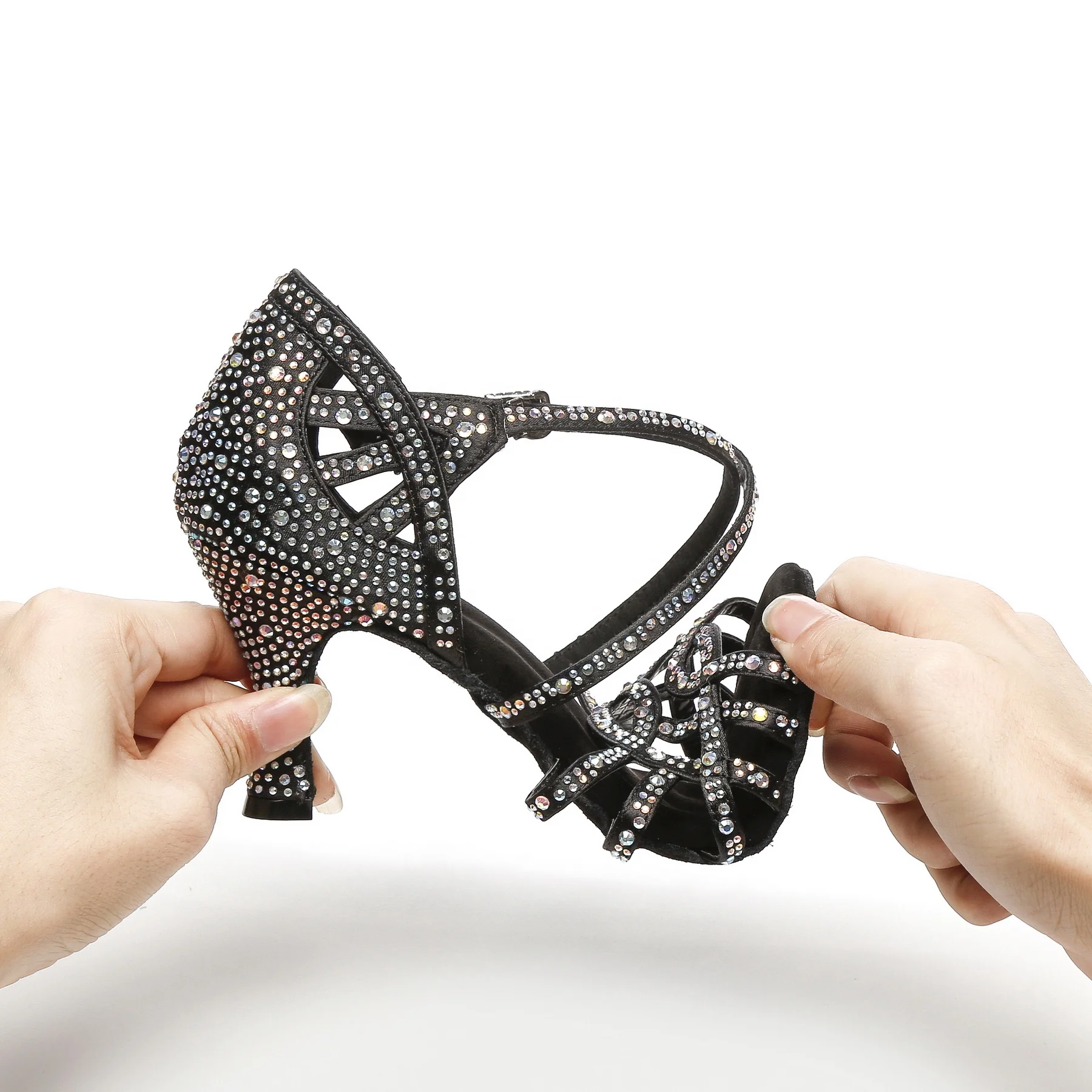 Женские атласные туфли для латиноамериканских танцев на высоком каблуке со стразами