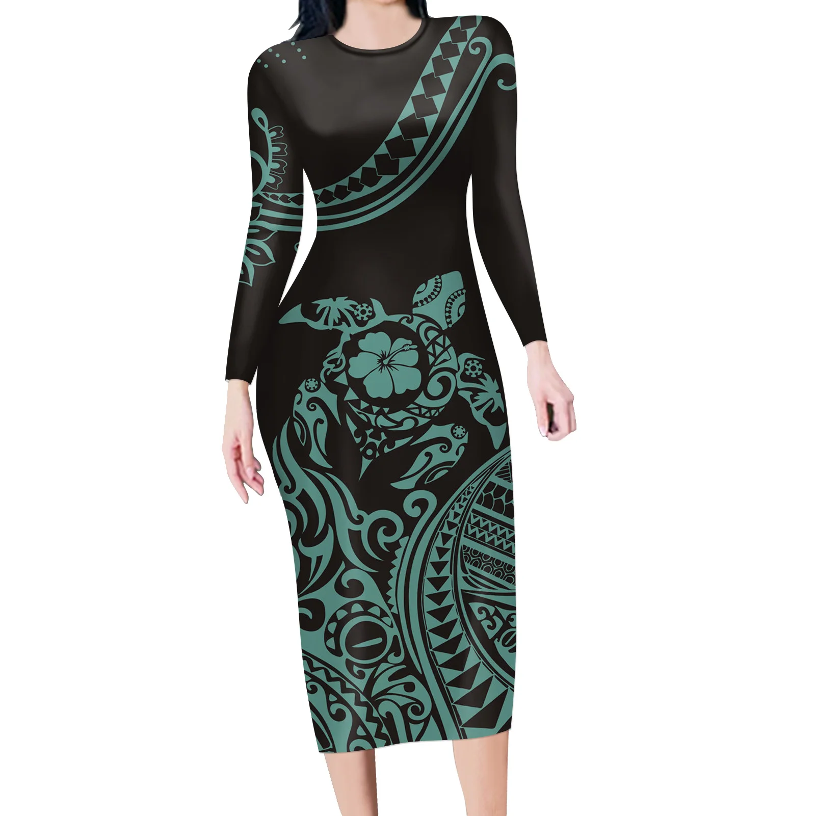 
Fashion Design Polynesian Hawaiian Traditional Tribal Print Large Size Long Sleeve Dress Woman Sexy Dresses New Arrivals 2020 
