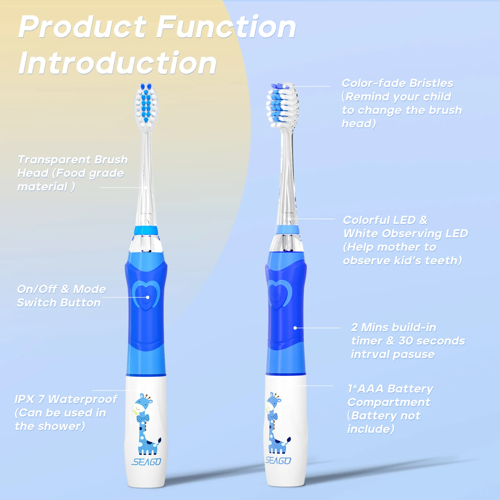 SEAGO SG977 LED Light 4 Modes Oral Whitening Care 8 Soft Brush Heads Smart Timer Age 3+ Kids Child Sonic Electric Toothbrush