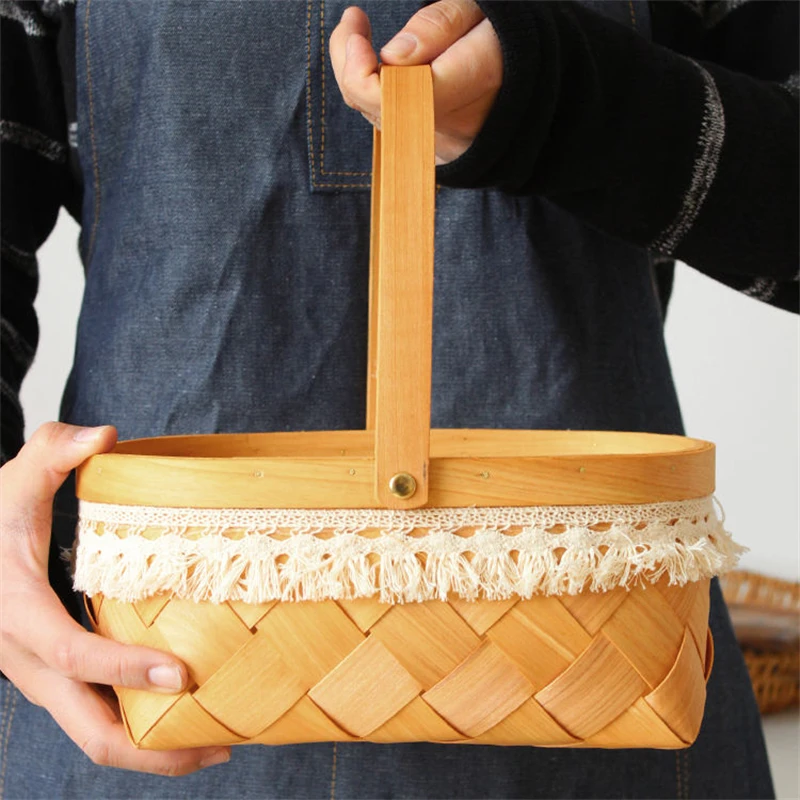 Gift Handmade Woven Willow Wood Lining Oval Storage Basket with Handles Flower Pot Baskets for Lady Girls