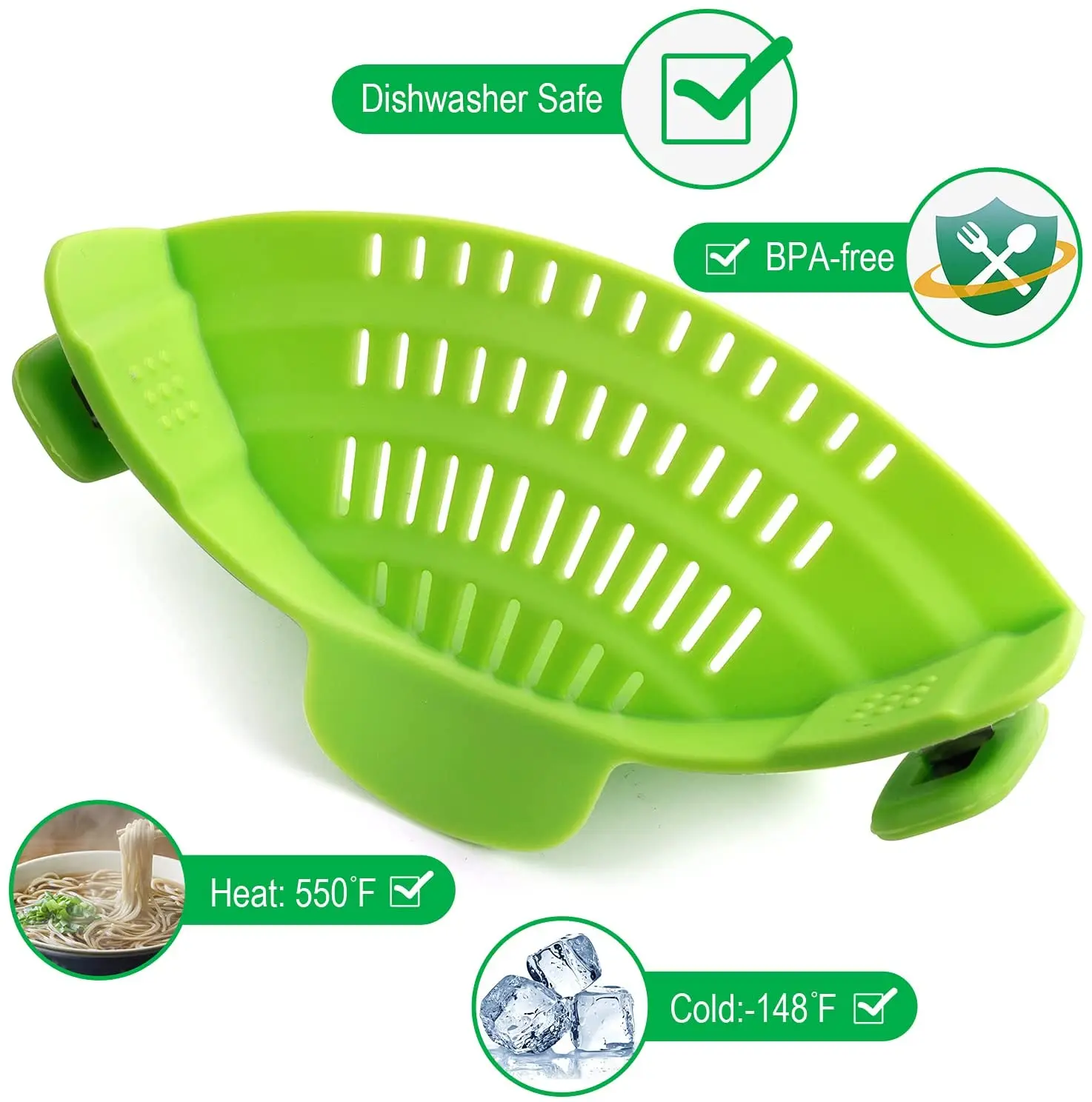 BPA Free Kitchen Foldable Adjustable Silicone Pot Strainer and Pasta Strainer Clip On Strainer for Pots, Pans, and Bowls