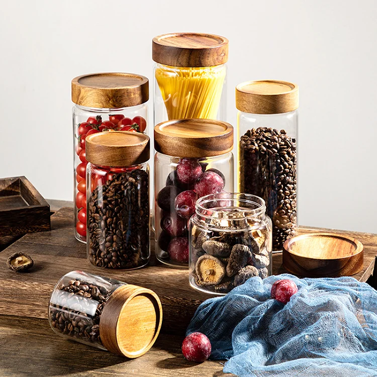 2024 New Arrivals Glass Sealed Jar Acacia Wood Lid Jar Storage Jar For Tangerine Peel Kitchen Storage Food Tea