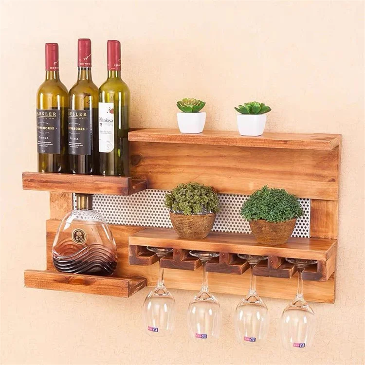Factory Sale Walnut Color Wall-Mounted Wine Shelf Bamboo Bottle Wooden Glass Holder