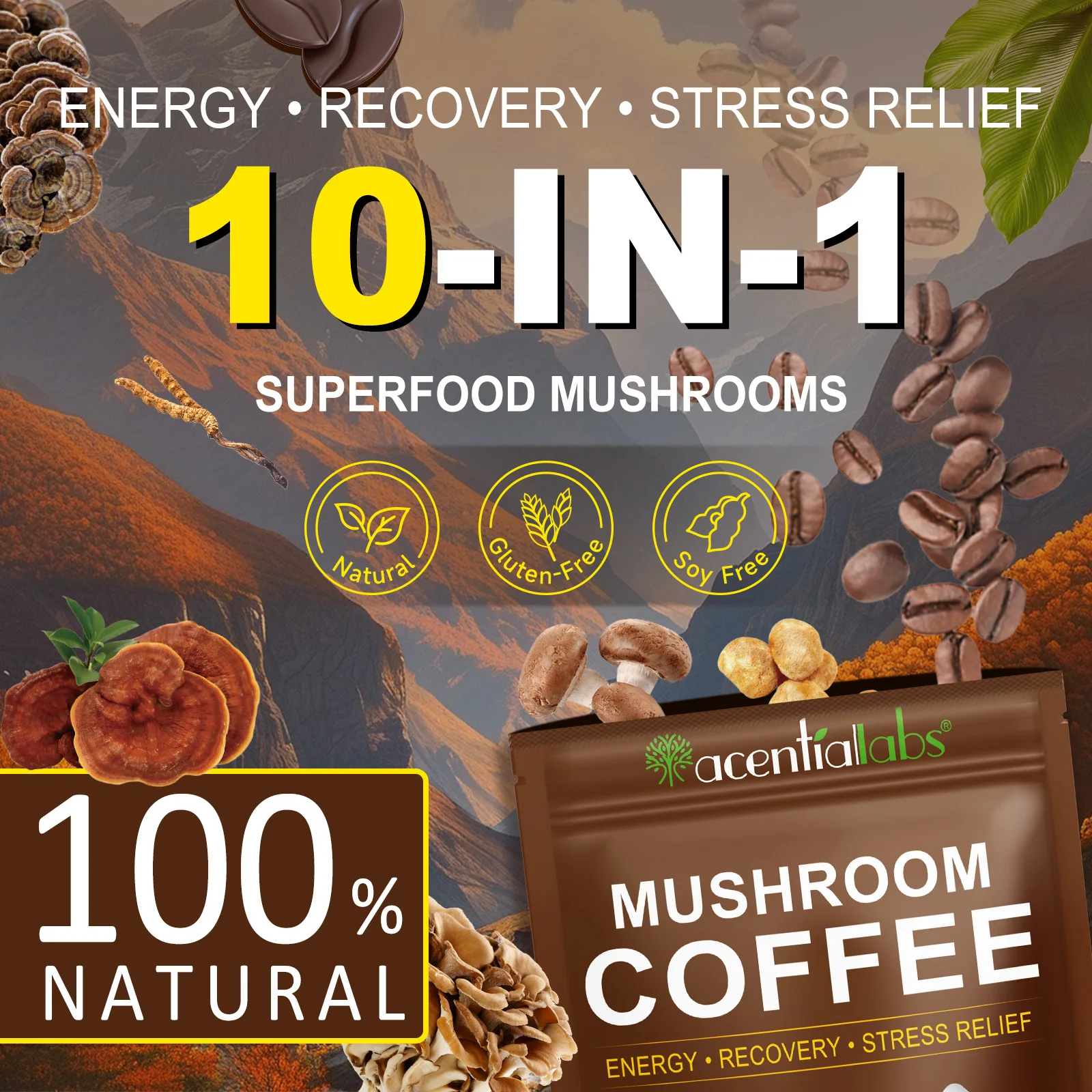 ACENTIALLABS Wholesale Natural Better Focus Energy Digestion Immune Support Organic Ground Coffee Everyday Dose Mushroom Coffee