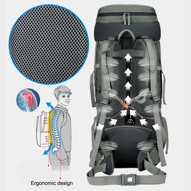 Custom 60L 70L 75L Large Capacity Outdoor Waterproof Backpack Hiking Backpack Bags  With Rain Cover for Travel