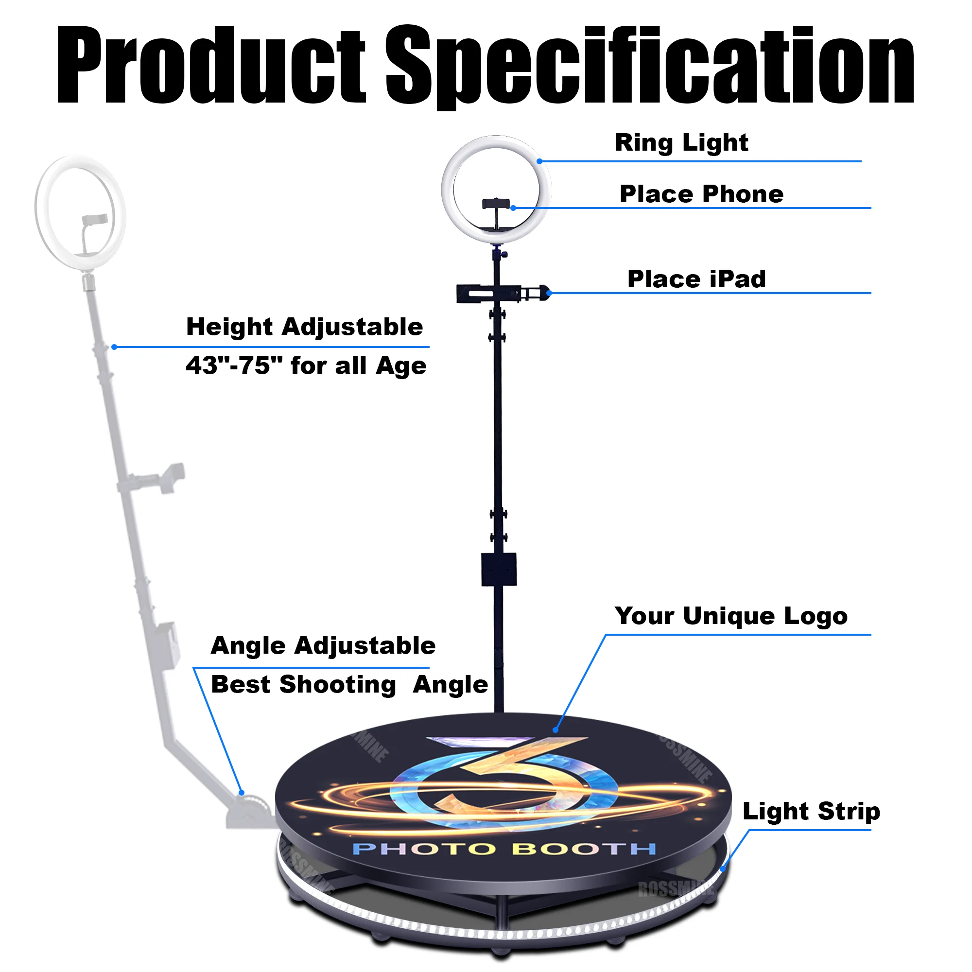 Rossmine latest model 360 selfie photo booth  video shooting 360 degree  camera  booth for party and event