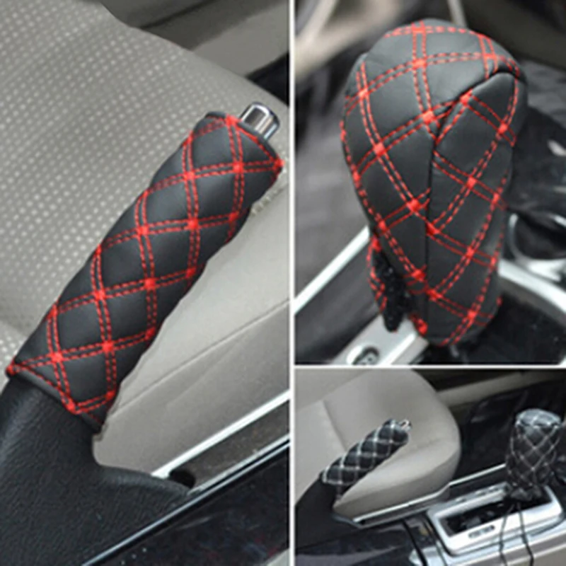 2Pcs/Set Faux Leather Hand Brake Shift Knob Cover Gear Case Car Interior Decor Car Gear Knob Cover