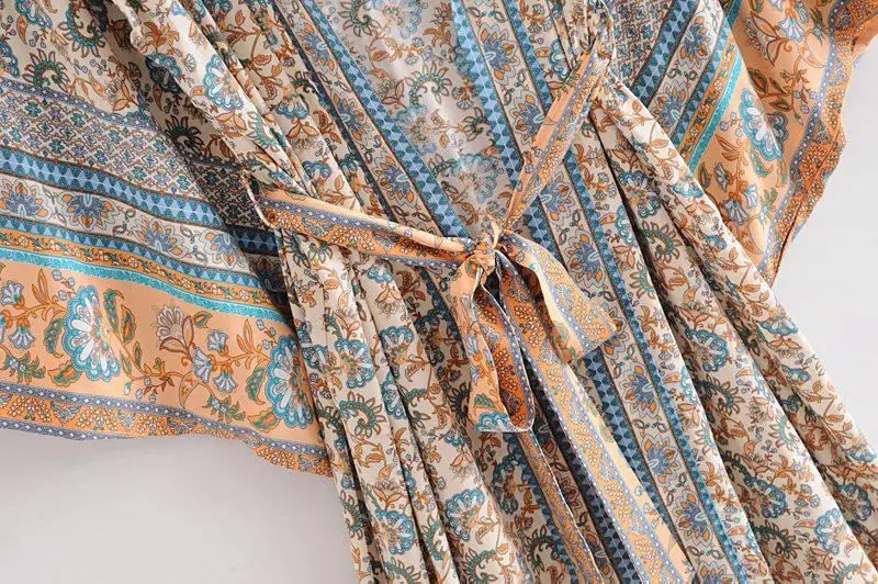 Loose Women Casual Spring Dress Lady Bohemian Style Floral print Long Sleeves Lace up Open Stitch Kimono