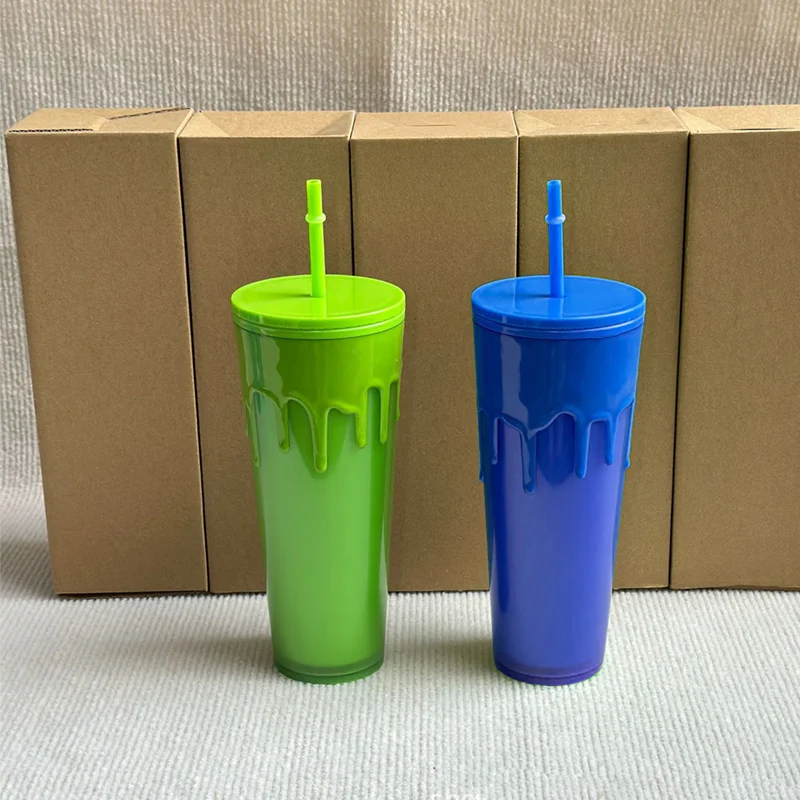 Wholesale Halloween Party New 24oz Reusable Cups Plastic Glow In The Dark Tumbler With Straw Double Wall Luminous Cups