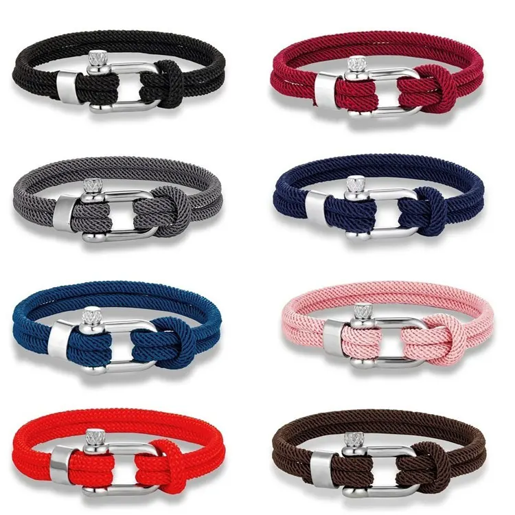 Fashion Macaron Double Layer Milan Rope Wrap Surfing Bracelet Stainless Steel Horseshoe Buckle Outdoor Survival Bracelets Men