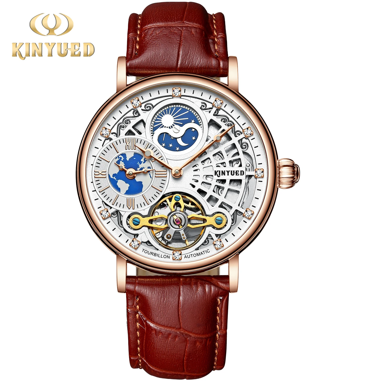2023 Kinyued J098 Watch With Custom Logo Moon Phase Luxury Tourbillon Automatic Mechanical Watch