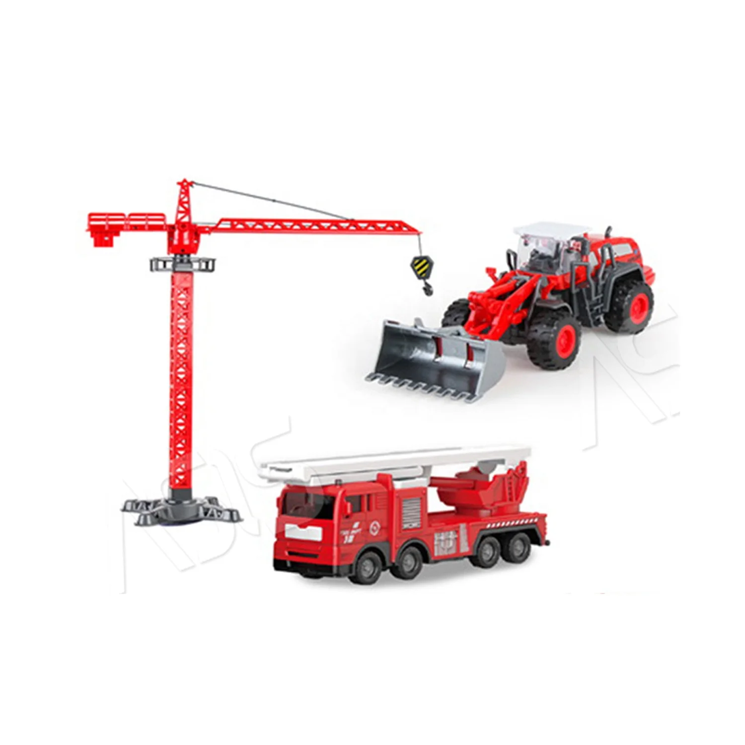 Pretend Play Toy Cars Alloy Hoist Crane Friction and Sliding Fire Fighting Vehicle Set With Warning Sign Series