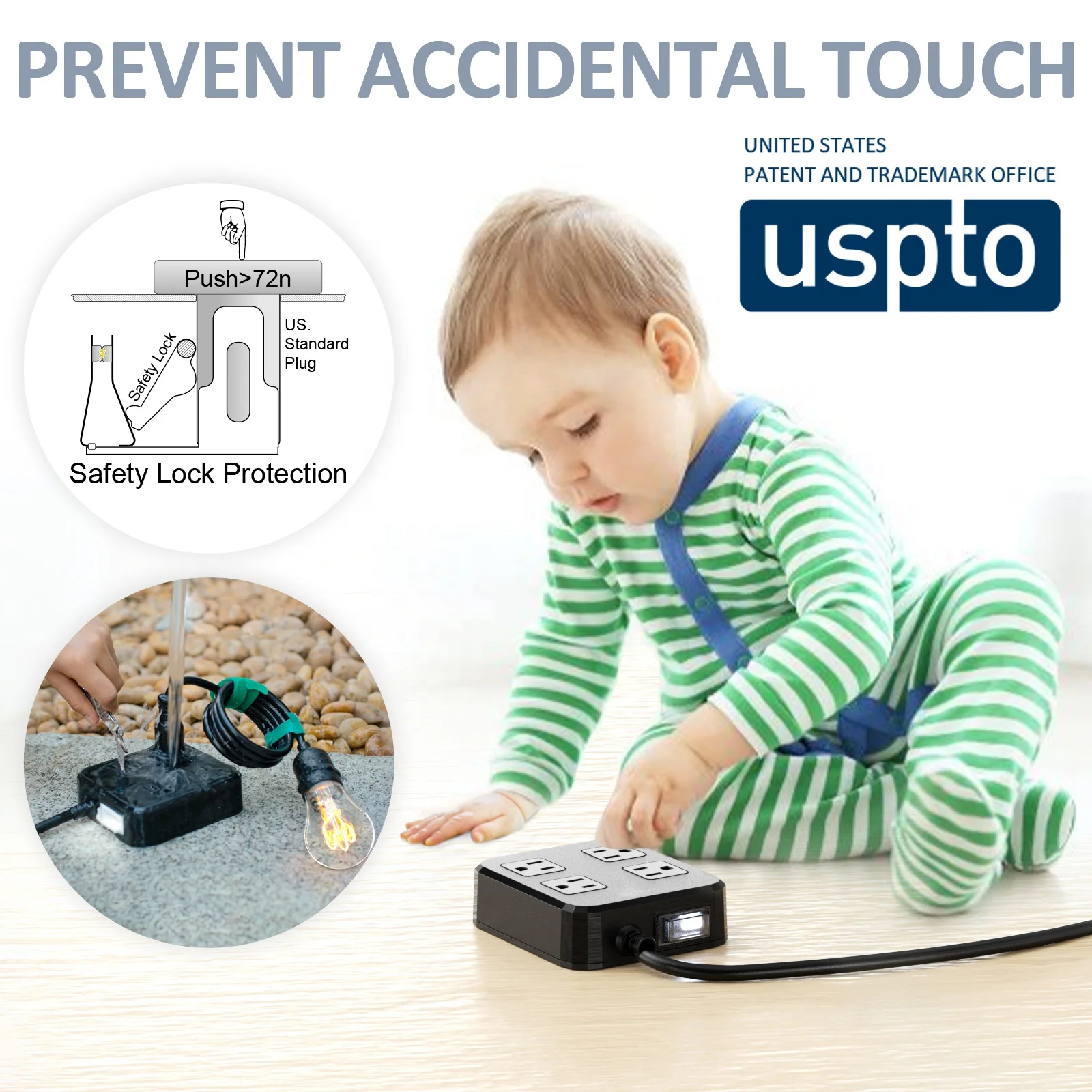 Outdoor Waterproof Power Strip 4 Wide Pitch Outlets IPX6 Waterproof Suitable for Home Office