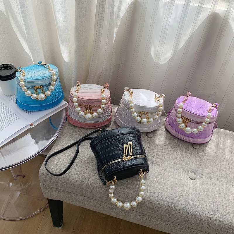 New Arrival Ladies Mini Crocodile Pattern Pu Crossbody Women Pearl Handle Bucket Hand