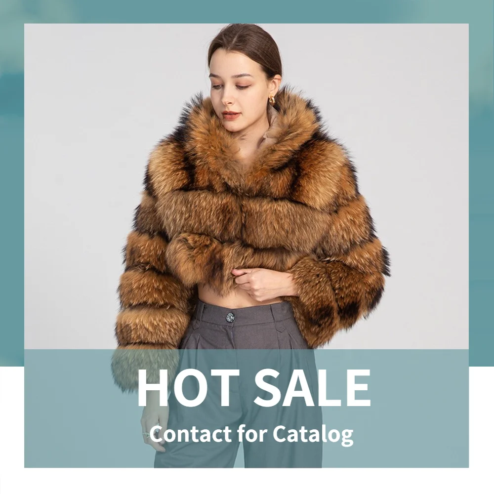 Wholesale Fluffy Fur Fox Coat Custom Color Real Raccoon Cropped Fur Coat Women With Hood for Ladies