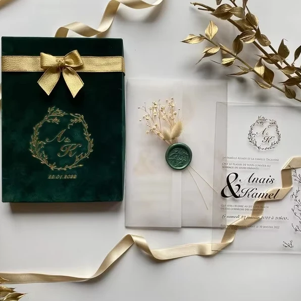 custom luxury Emerald Green Velvet Acrylic Invitations card vellum paper printing Weddings gift box