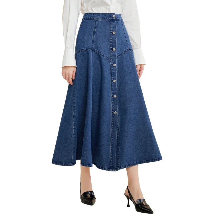 Wholesale New Style Woman Casual Blue Loose Button Front Flare Hem Denim Jeans A-Line Long Skirts