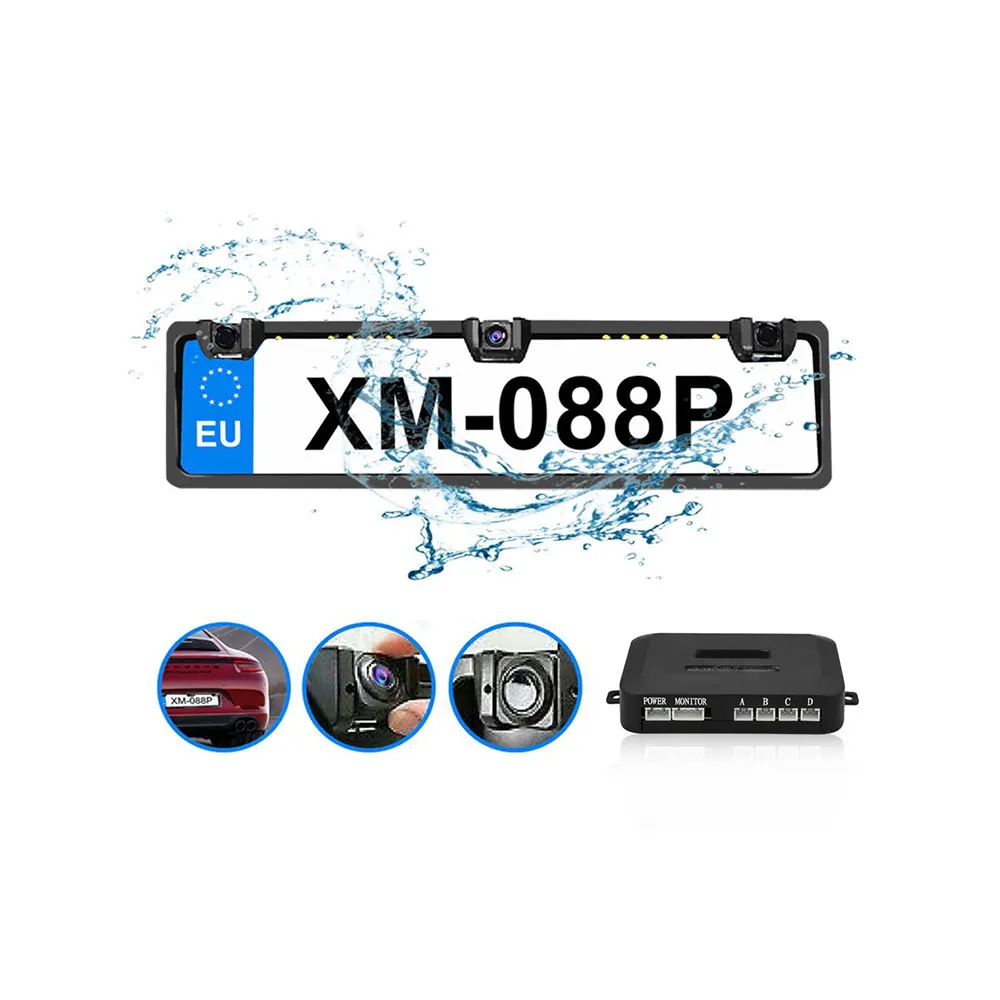 waterproof car EU License Plate frame 3 in 1 Parking Sensors with HD Reverse Backup Camera