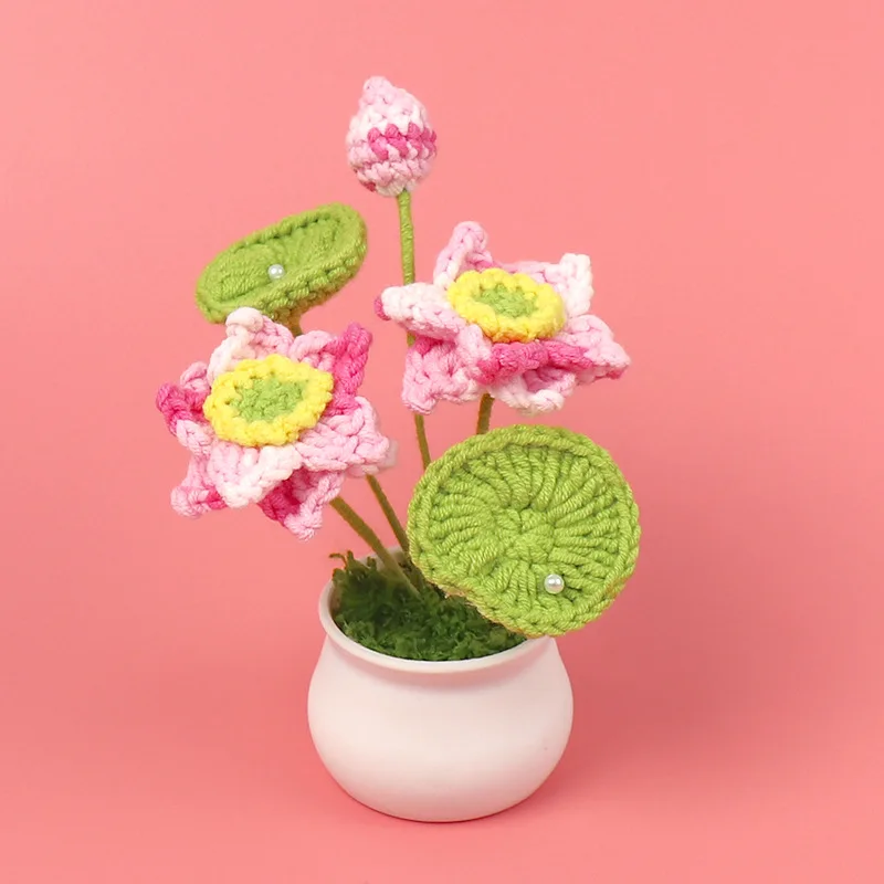 Wholesale Hand-woven Flower Bonsai Stems Floral Decor Artificial Plants Knitted Flower Bonsai Finished Crochet Lotus Mini Pot