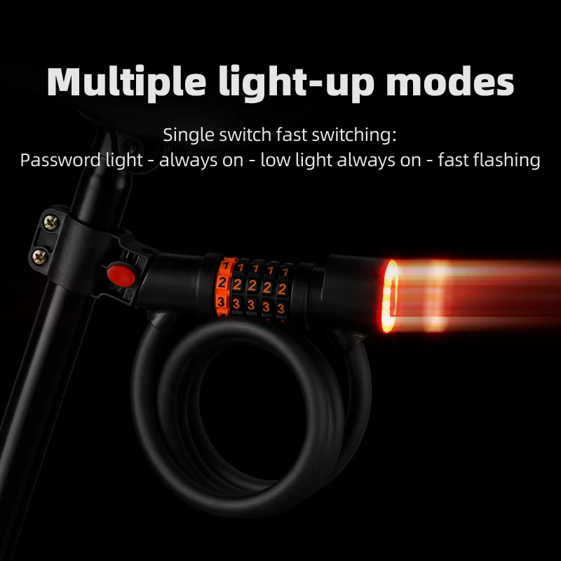 1.2M Anti-theft Bike Cable Lock 5 Digit Combination Password Bicycle Lock With LED Tail Light