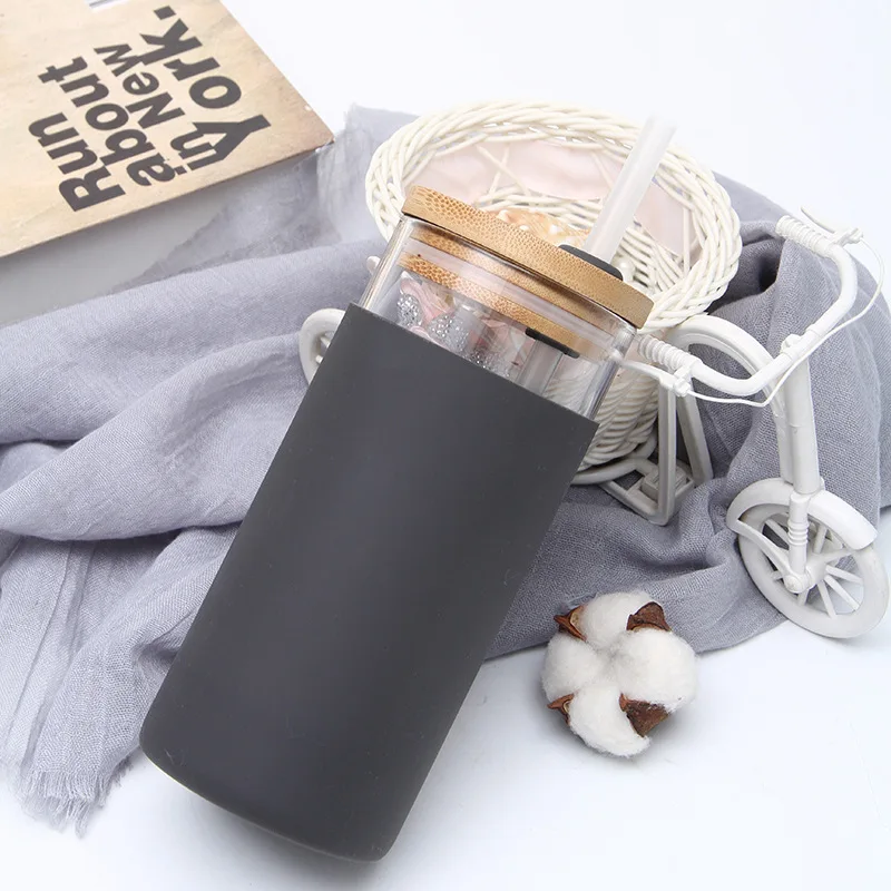 Borosilicate Glass Tumbler Cups with Bamboo Lids and Straws Reusable Cute Travel Tumbler Dishwasher Safe with Silicone Sleeve