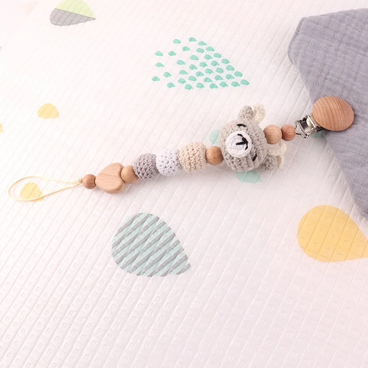 Factory direct personalized cotton thread wooden knit animals pacifier clip pacifier chain for newborn baby