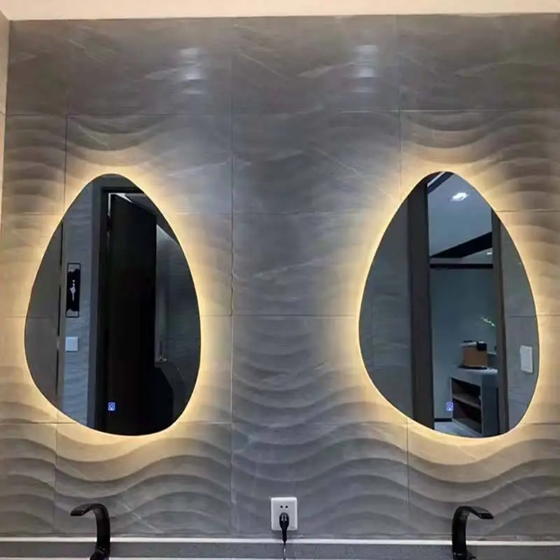 Factory price irregular shape wall mounting type led smart shower mirror for hotel bathroom