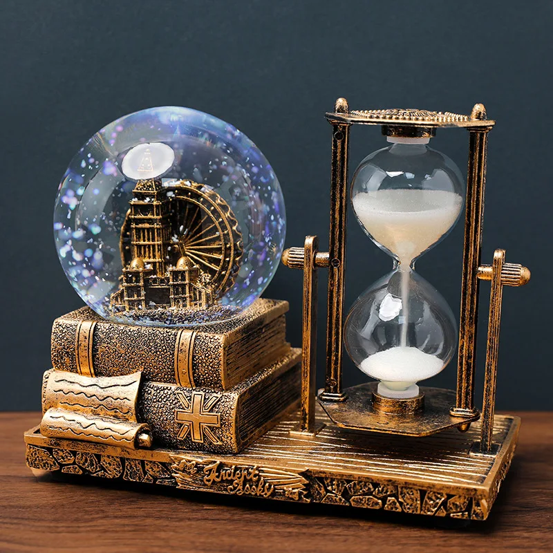 Retro Tower Hourglass Sand Timer Fantasy Crystal Ball Glowing Music Box Home Decoration Craft Student Gift