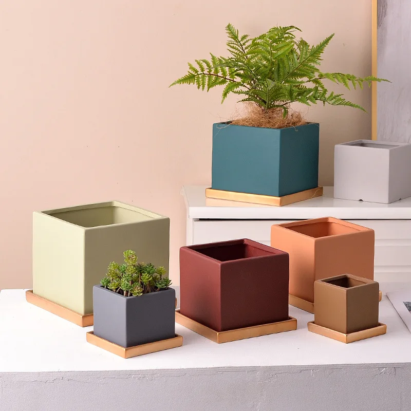 North Europe Morandi Home Office Balcony Decoration Square Succulent Planter Pots Ceramic Bonsai Flower Pot for Indoor Plants