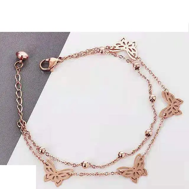 High Quality Double Rose Gold Stainless Steel Engraving Ladies Bracelet Chain
